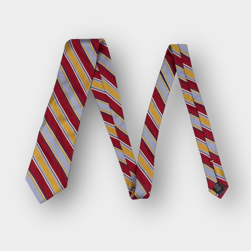 Dion Collection Men’s Silk Necktie Red Blue Yellow Striped Handmade 3.5" x 60" - Picture 2 of 7